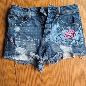 American Eagle Outfitters Blue and Pink Jean Shorts Floral Embroidery